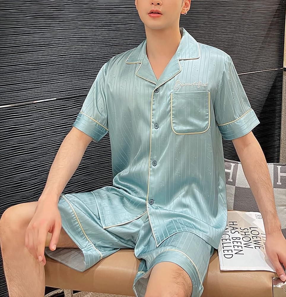 Athletica Mens 2-Piece Sleepwear Silk Satin Pajamas Set short Sleeve shorts Loungewear