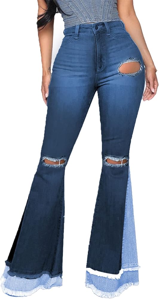 Athletica Women's Patchwork Ripped Flare Jeans Retro High Waisted