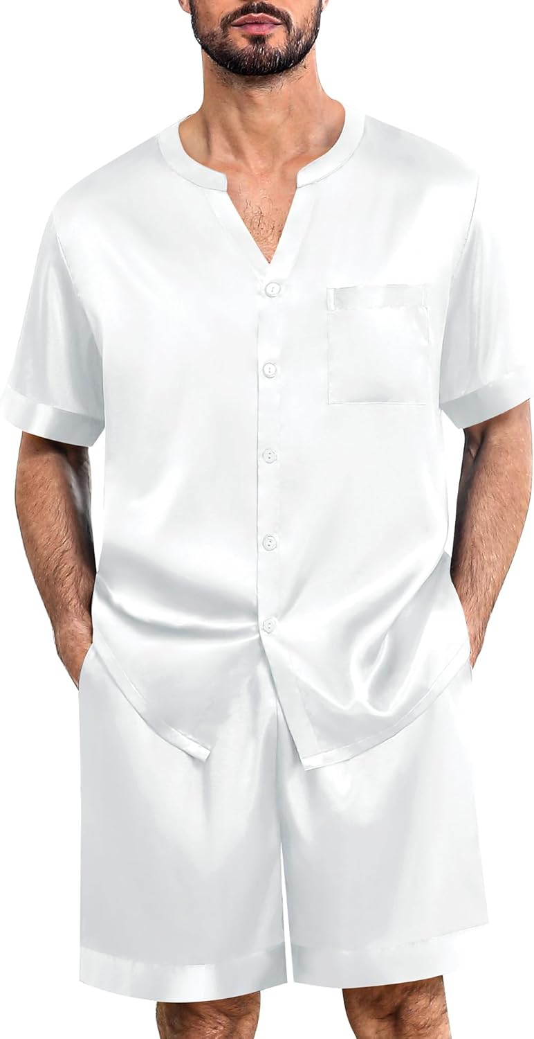 Athletica Mens 2-Piece Sleepwear Silk Satin Pajamas Set short Sleeve shorts Loungewear