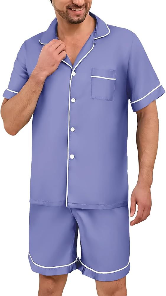 Athletica Mens 2-Piece Sleepwear Silk Satin Pajamas Set short Sleeve shorts Loungewear