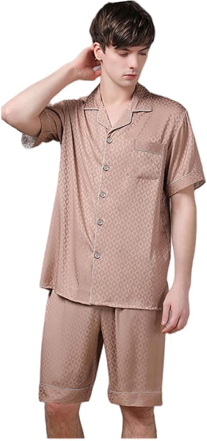 Athletica Mens 2-Piece Sleepwear Silk Satin Pajamas Set short Sleeve shorts Loungewear