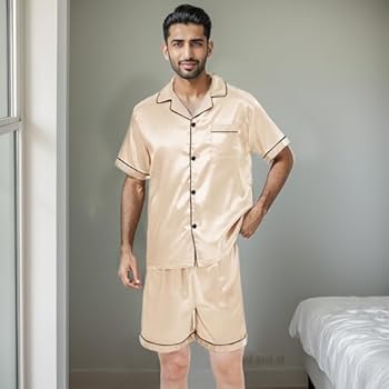 Athletica Mens 2-Piece Sleepwear Silk Satin Pajamas Set short Sleeve shorts Loungewear