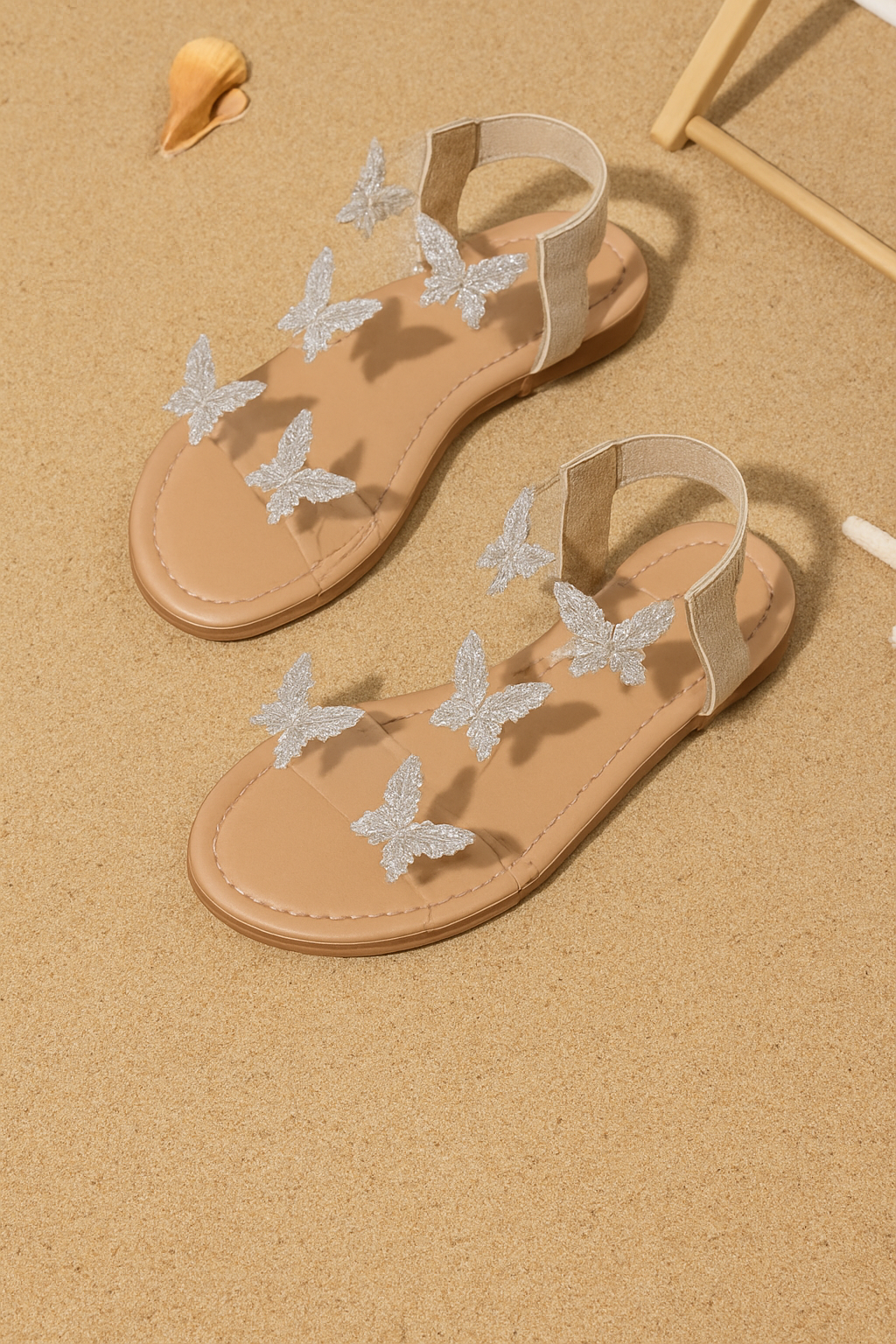 Women's Butterfly Kisses Decorated Flat Sandals, Shiny Glitter Butterfly, Round Toe,  Slip-On Flats For Summer