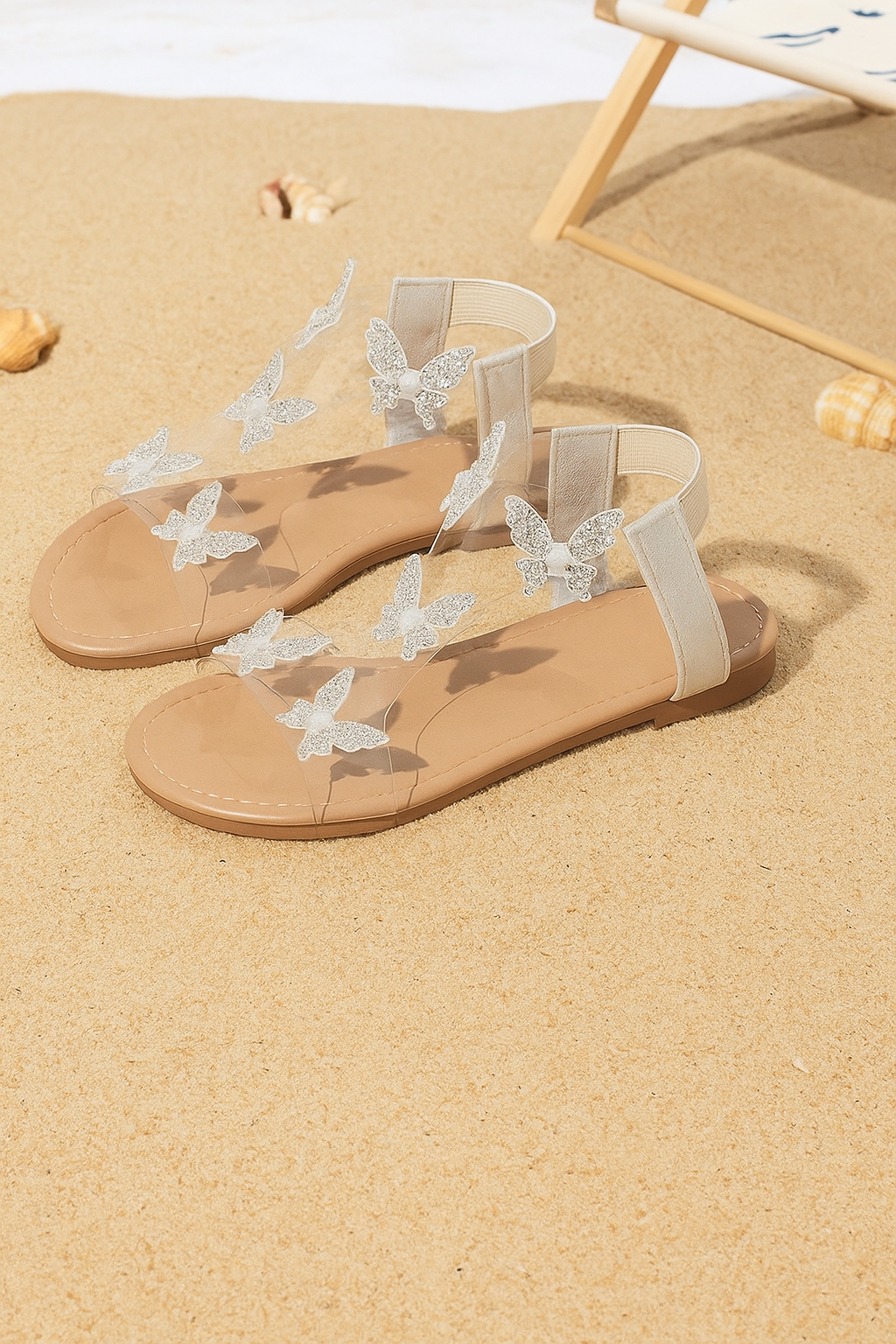 Women's Butterfly Kisses Decorated Flat Sandals, Shiny Glitter Butterfly, Round Toe,  Slip-On Flats For Summer