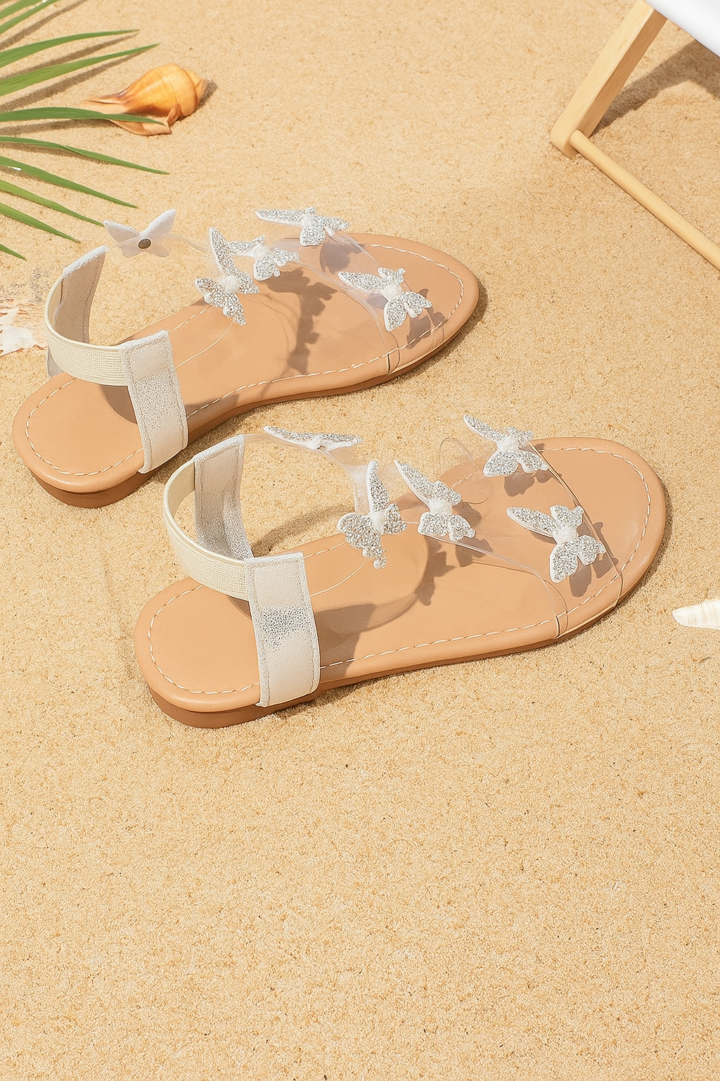 Women's Butterfly Kisses Decorated Flat Sandals, Shiny Glitter Butterfly, Round Toe,  Slip-On Flats For Summer