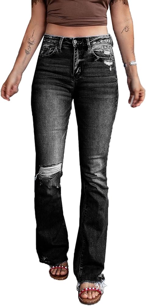 Athletica Women's Patchwork Ripped Flare Jeans Retro High Waisted